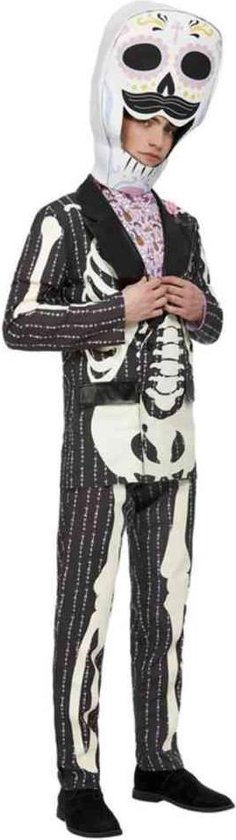 Smiffy's - Spaans & Mexicaans Kostuum - Uitvergrote Dia De Los Muertos - Man - Zwart, Wit / Beige - Medium - Halloween - Verkleedkleding