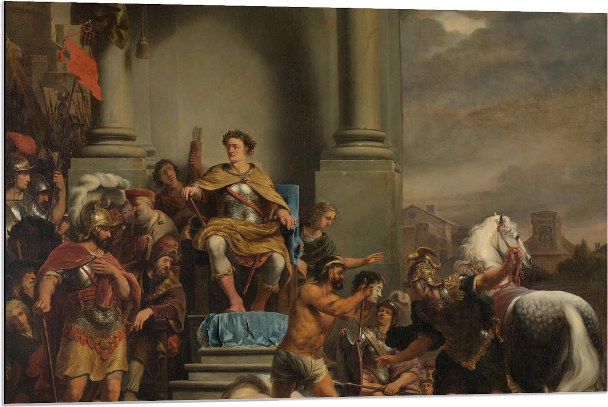 KuijsFotoprint Dibond - Oude Meesters - Titus Manlius laat zijn zoon onthoofden, Ferdinand Bol - 90x60cm Foto op Aluminium (Wanddecoratie van metaal) Rood