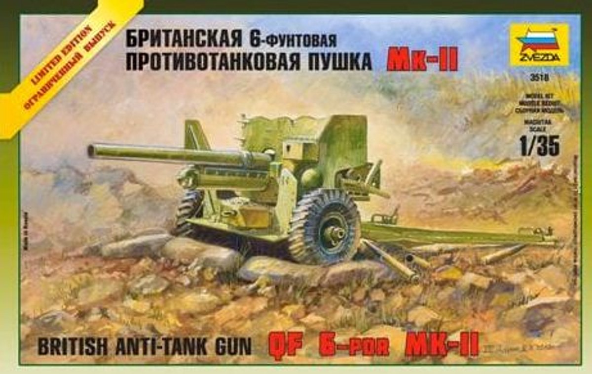 Zvezda Modelbouwpakket Militaire voertuigen - 3518 Brits Antitankkanon QF 6-ponder Mk-II Plastic - 1:35 - Modelbouw