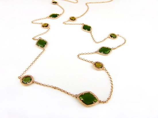 Zilveren halsketting halssnoer collier roos goud verguld Model Pret a Porter groene stenen