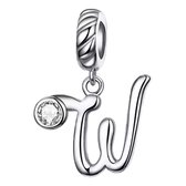 Tracelet - Zilveren bedels - Sierletter W bedel | Charm letter W Alfabetbedel | Met grote zirkonia | 925 Sterling Zilver - Pandora compatible - 925 Zilver Certificaat - In Leuke Ca