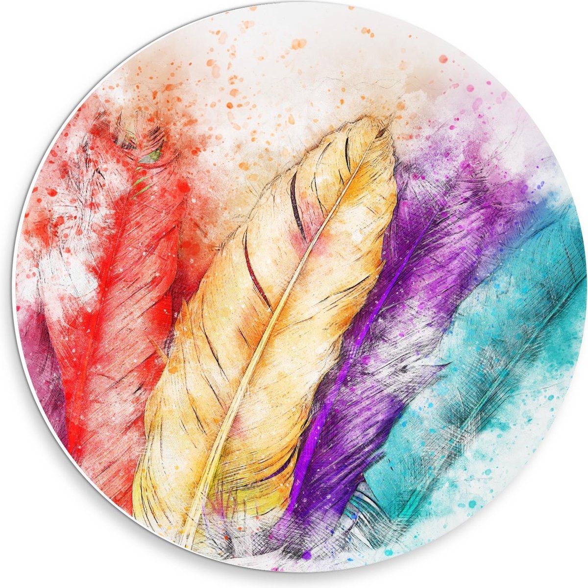 KuijsFotoprint Forex Wandcirkel - Schildering van Gekleurde Veren op Witte Achtergrond - 30x30cm Foto op Wandcirkel (met ophangsysteem) Rood