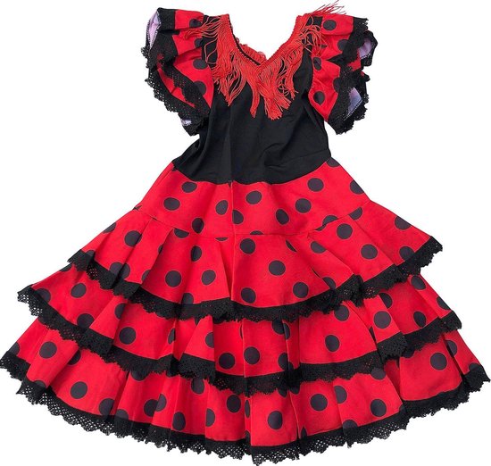Spaanse jurk/flamenco jurk Niño rood zwart maat 6 (maat 104-110) verkleedkleding