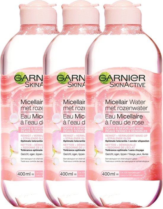 Garnier skinactive micellair reinigingswater met rozenwater - 3 x 400 ml - micellair water voor een stralende huid - voordeelverpakking