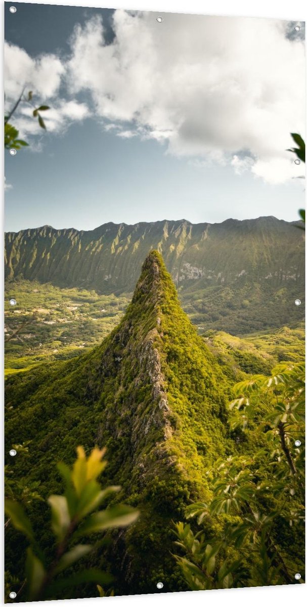 Tuinposter – Puntige Berg met Groene Planten - 100x200cm Foto op Tuinposter  (wanddecoratie voor buiten en binnen) op Prijzenvolger.com