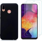 Silicone hoesje zwart met 2 Pack Tempered glas Screen Protector Geschikt voor : Huawei p smart Plus 2019
