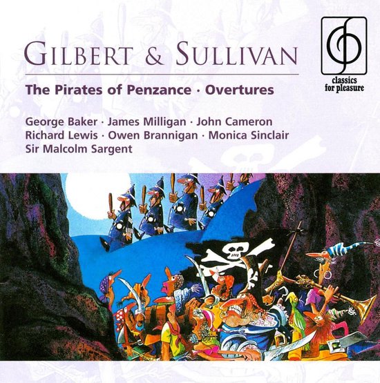 Albumhoes GILBERT & SULLIVAN, The Pirates of Penzance Overtures. Karikaturale piraten met sabel, hoeden en vlaggen.