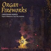 Albumhoes met de titel "Organ Fireworks XIV" van Christopher Herrick. Abstracte vuurwerk- en architectuurafbeelding.