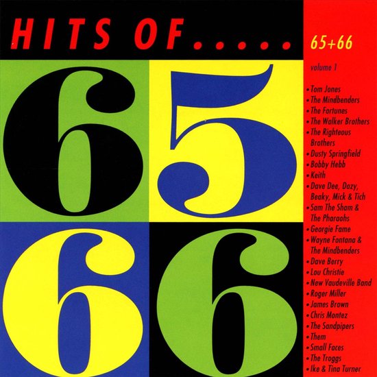 Albumcover 'Hits of 65+66, volume 1' met grote cijfers 65 en 66 in groen, geel en blauw op een gekleurd vlak.