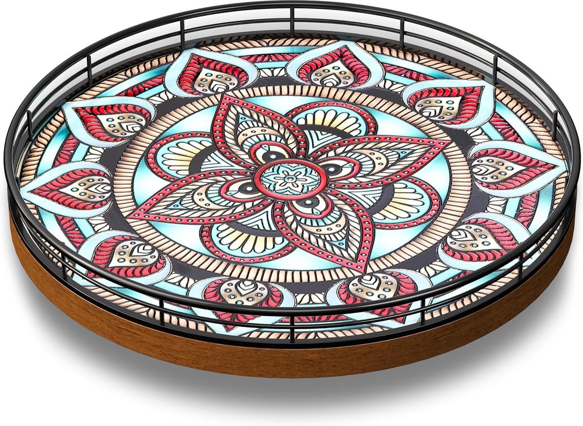 Ronde Houten Draaitafel Organizer met Boho Textuur voor Eettafel en Keuken
