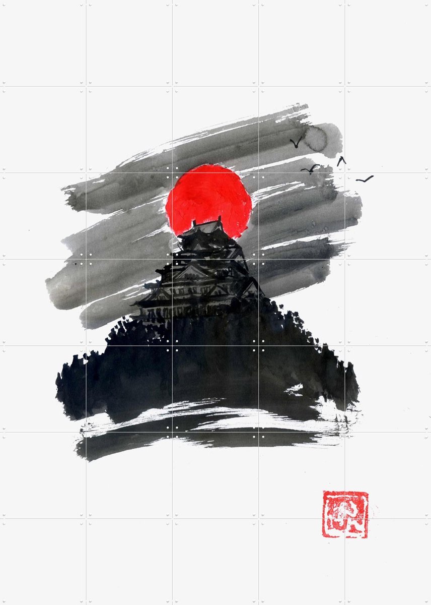 IXXI Temple Red Moon, Péchane - 100 x 140 cm - Gratis ophangtool - Grote wanddecoratie en posters - Illustraties, Ukiyo-e, Aquarel, Mancave