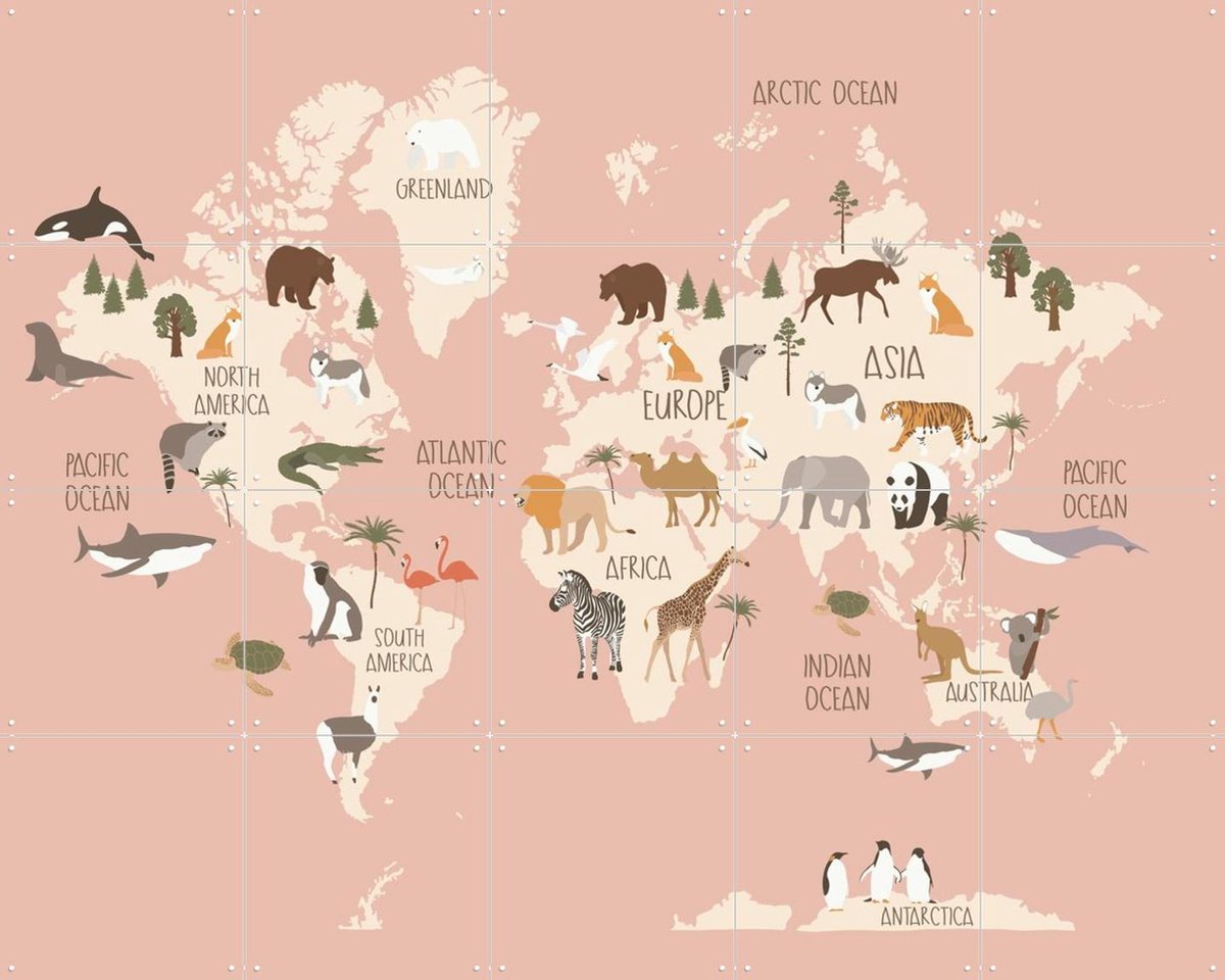 IXXI Nursery World Map (Pink), Treechild & Various - 100 x 80 cm - Gratis ophangtool - Grote wanddecoratie en posters - Fantasierijk, Grafisch