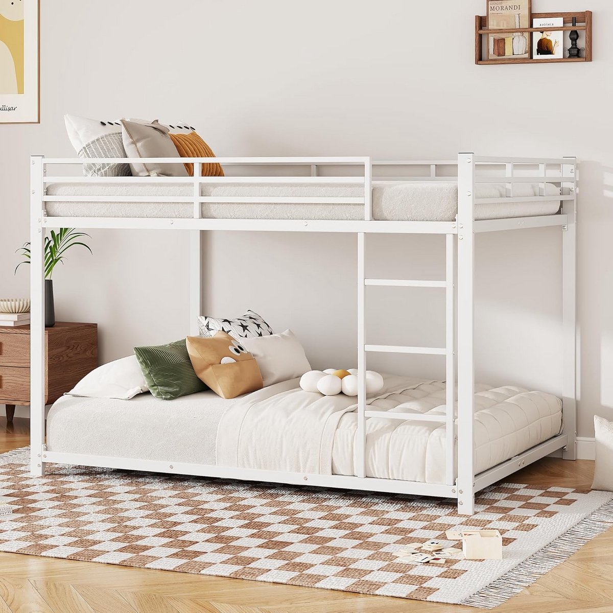 Stapelbed 140x200 cm Metaal met Rechthoekige Ladder en Valbeveiliging - Kinder- en Jeugdbed