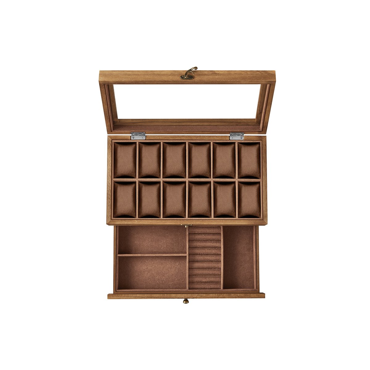 Horlogedoos - Hout - Rustiek walnoot - 12 vakken, 2 lagen met glazen deksel en fluwelen voering