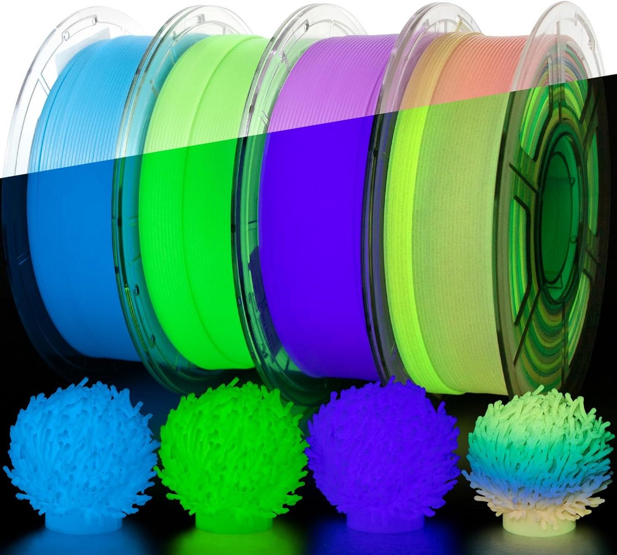 Lichtgevend PETG Filament voor 3D Printer – 4KG Set Groen Blauw Paars Regenboog – Hoge Maatnauwkeurigheid