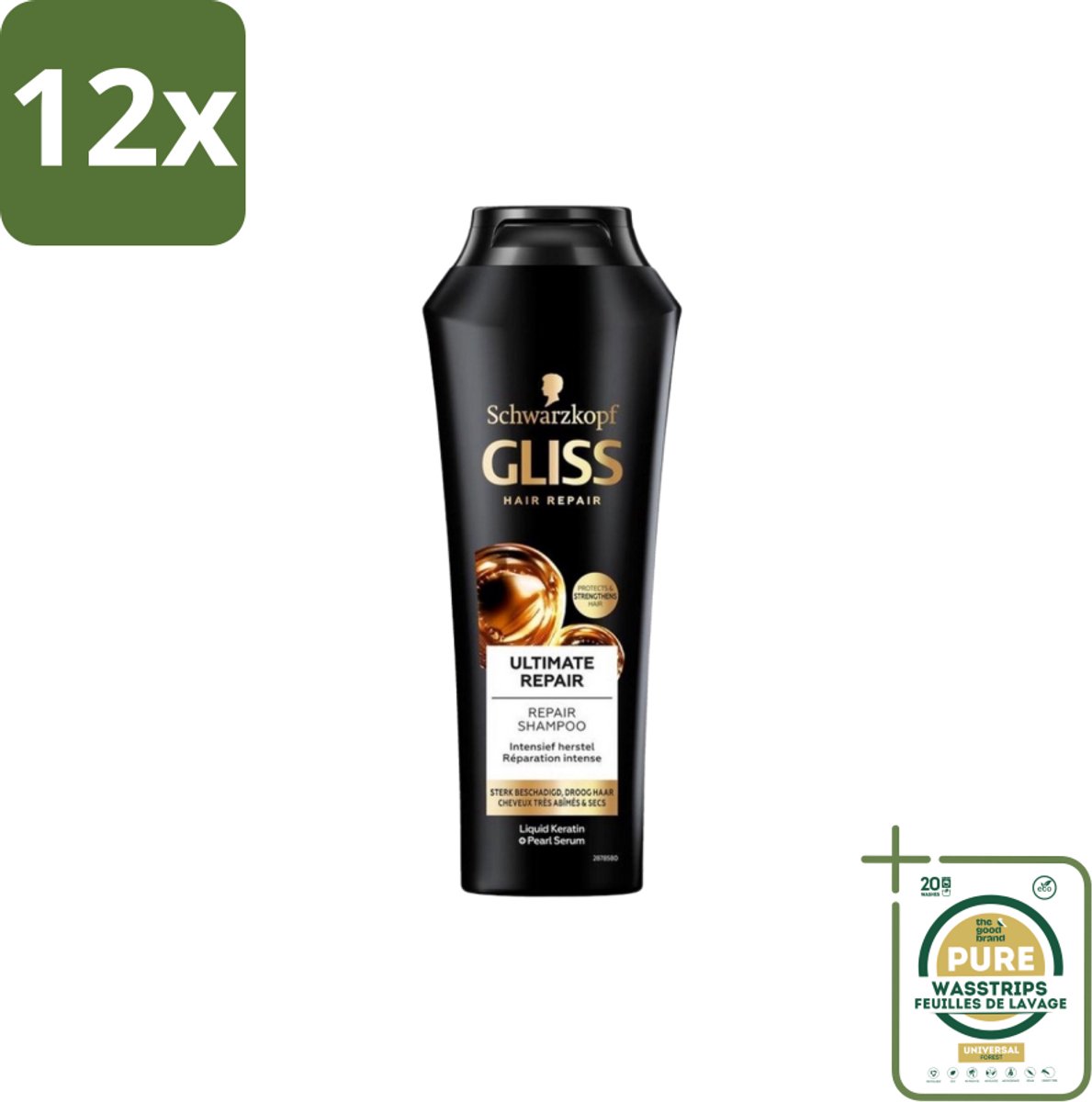 Gliss Kur – Shampoo – Ultimate Repair – 250 ml - Voordeelverpakking - 12 stuks - Droog haar - Breekbaar haar