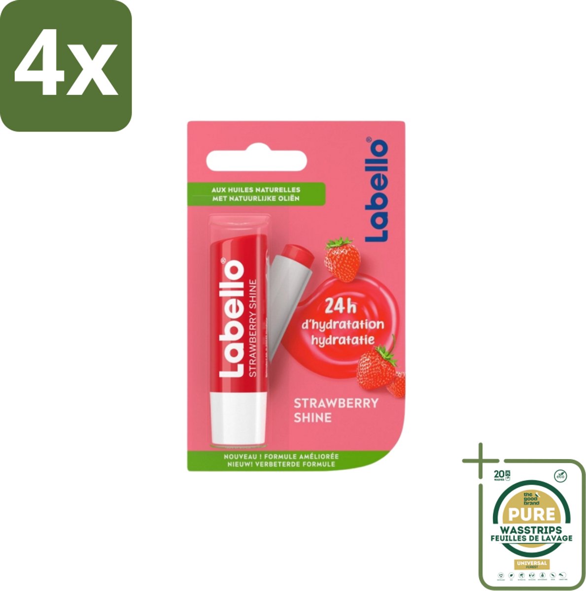 Labello – Lippenbalsem – Strawberry Shine - Voordeelverpakking - 4 stuks - Glans - Hydratatie