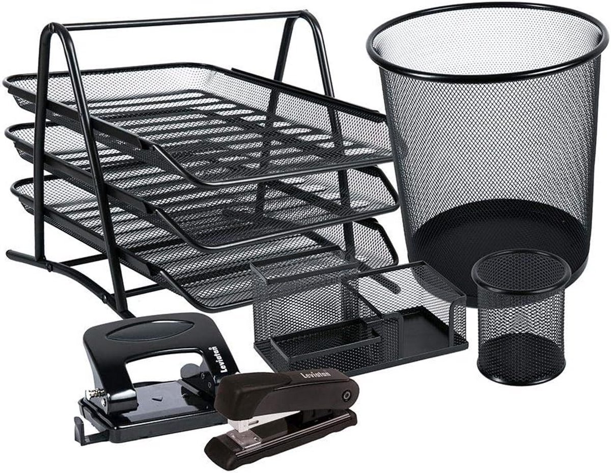 Compleet Bureau Organizer Set met Nietmachine en Perforator - Zwarte Metalen Tafelorganizer
