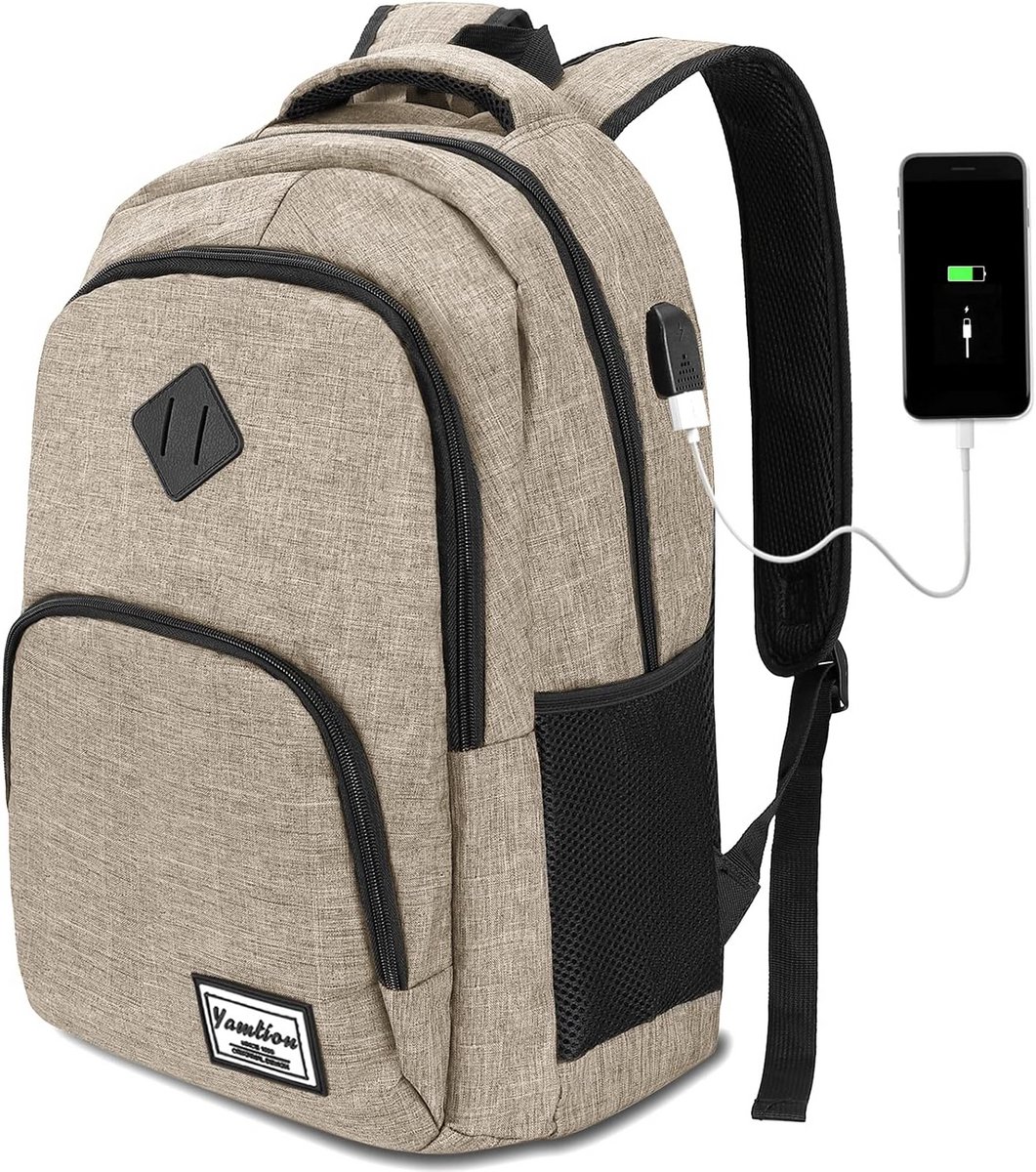 Laptoptas voor School en Reizen met USB Oplaadpoort - Beigekleurige Rugzak