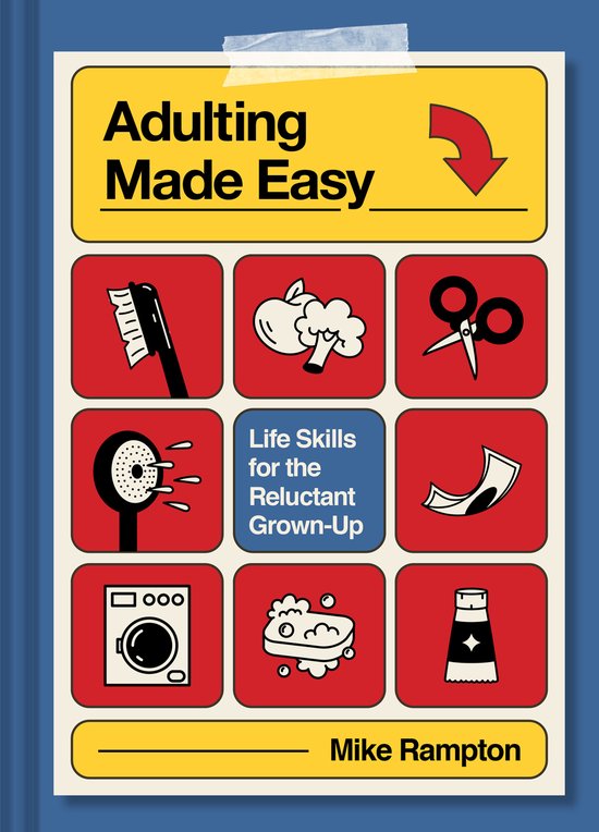 Boekomslag met de titel 'Adulting Made Easy' en iconen van huishoudelijke taken.