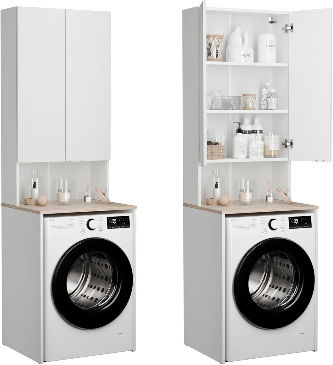 Wasmachinekast Met Hoge Opbergruimte Voor Badkamer En Keuken - 210 x 65 x 56/25 cm - Wit & Sonoma Eiken