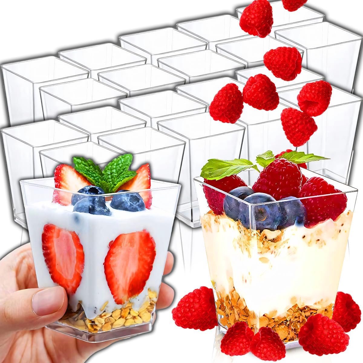 Set van 20 Herbruikbare Dessertbekers 160ml - Vierkant en Trapezium Vormig