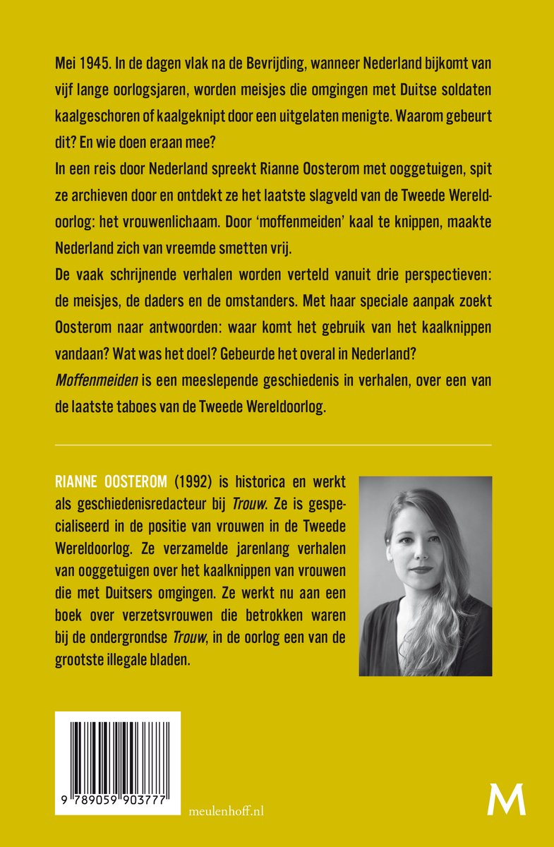Boekomslag 'Moffenmeiden' met een portret van Rianne Oostestrom, auteur, en tekst over de inhoud.