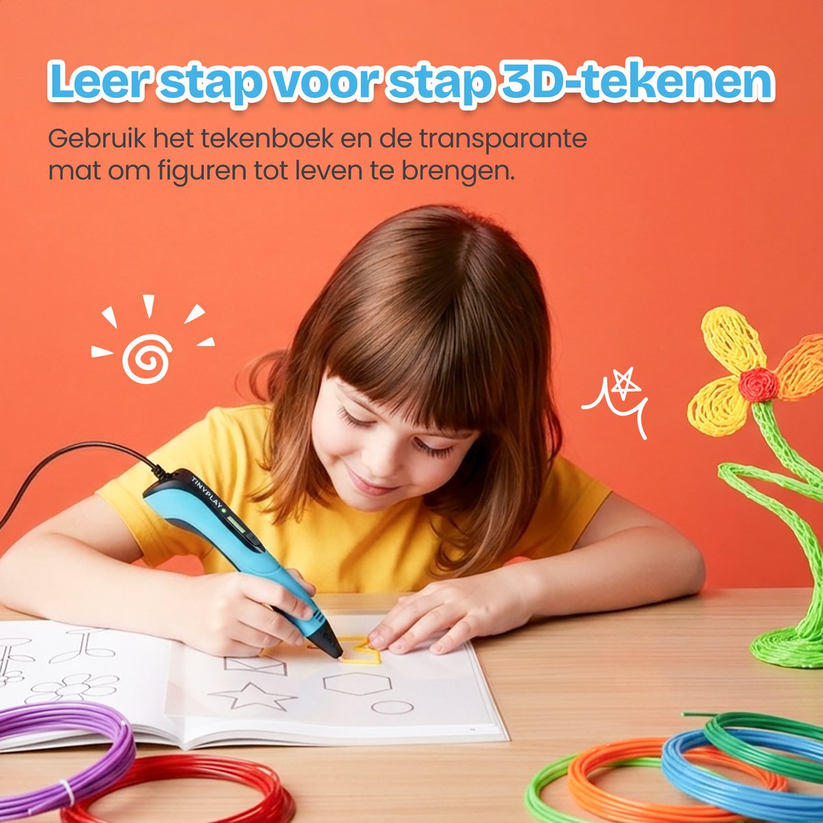 TinyPlay 3D Pen Starterspakket XXL – 3D tekenen - 100m Vullingen PLA Filament 1.75 mm – 3d pennen tekenset - Voor kinderen - Sjablonen boek - Opbergcase en tekenmat – Blauw — afbeelding 10