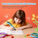 Meisje met gele T-shirt tekent met blauwe 3D pen op een boekje met sjablonen.