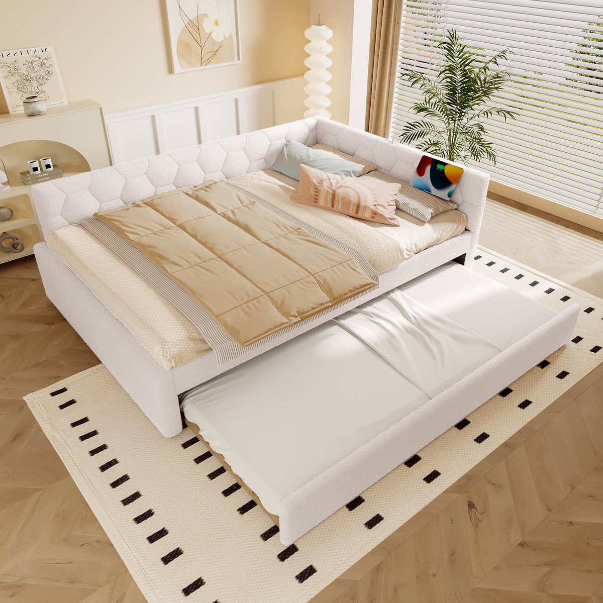 FloraGrace Daybed 140x200cm – Met Uitschuifbed, USB En Type C – Met Leeslamp – Met Lattenbodem – Zonder Matras – Fluweel – Wit