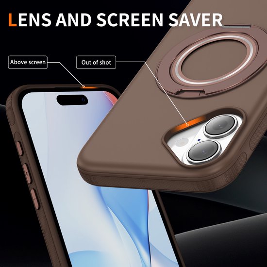 IYUPP Coque compatible avec iPhone 17 Coque - Compatible avec MagSafe - Support Magnétique Rotatif 360° - Coque Arrière Kickstand Ring - Ring Stand - Marron