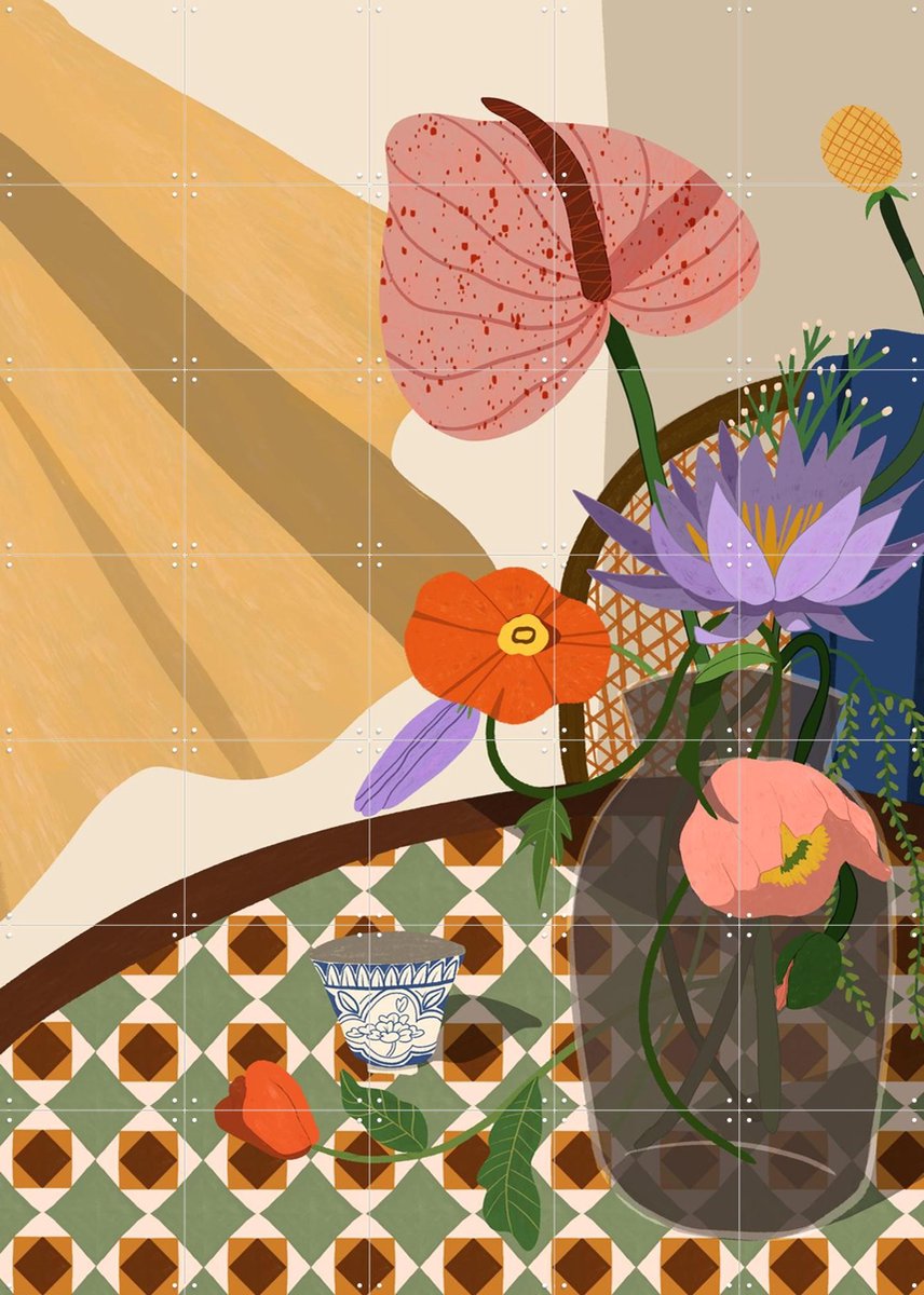 IXXI Flower Arrangement, Arty Guava - 100 x 140 cm - Gratis ophangtool - Grote wanddecoratie en posters - Illustraties, Kleurrijk, Vintage, Bloemen