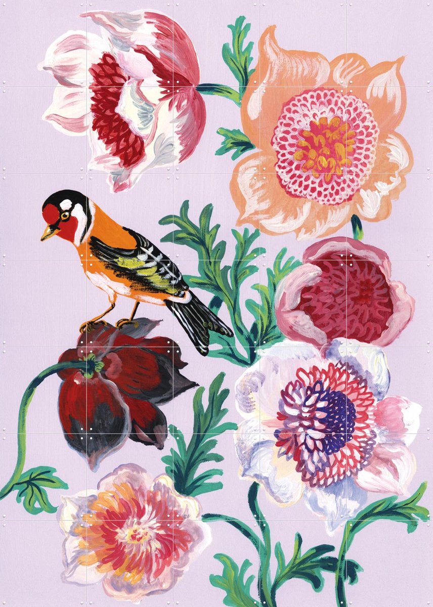 IXXI L’Oiseau et les Anémones, Nathalie Lété - 100 x 140 cm - Gratis ophangtool - Grote wanddecoratie en posters - Illustraties, Botanisch, Vogels