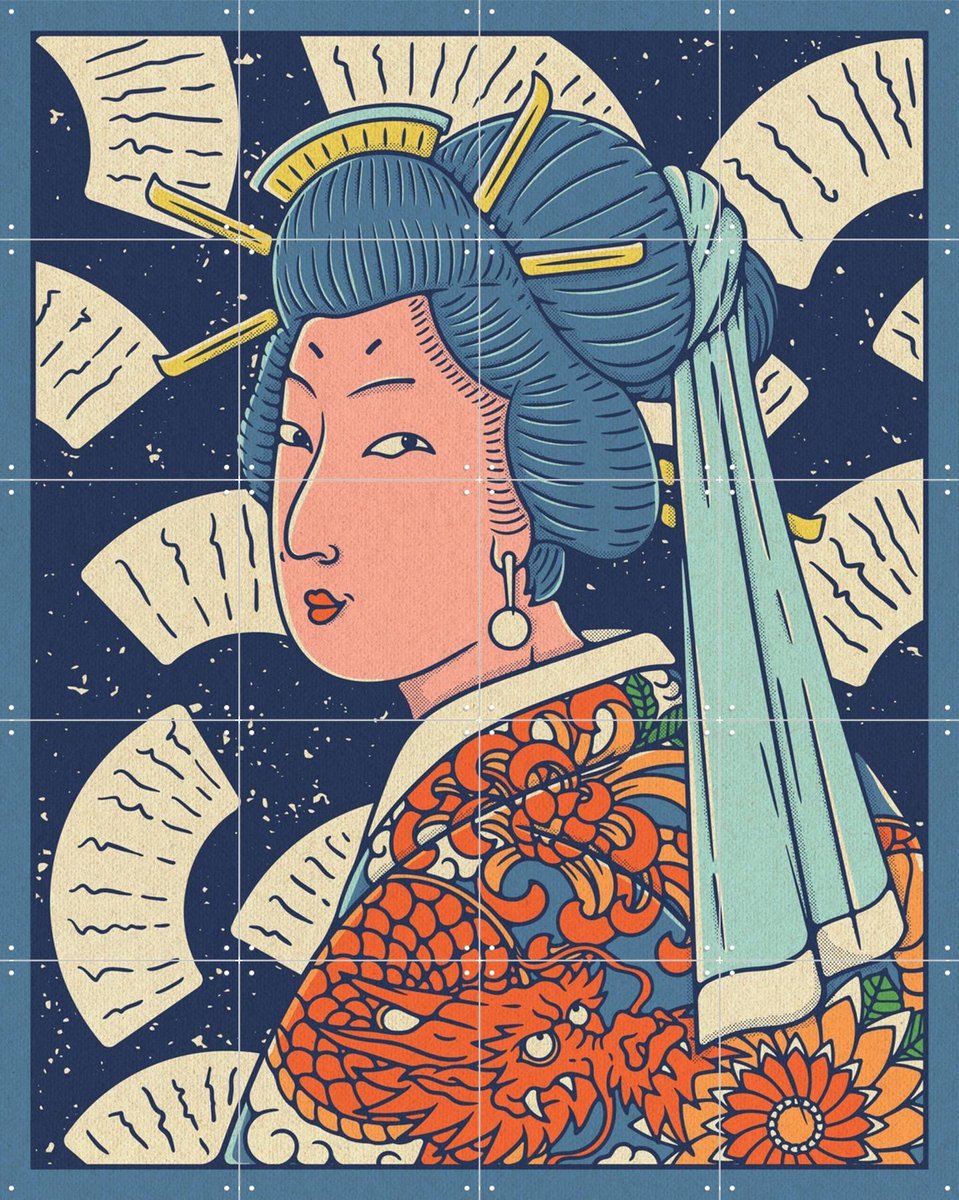 IXXI Lady Kami with the Earring, Ryan Ragnini - 80 x 100 cm - Gratis ophangtool - Grote wanddecoratie en posters - Illustraties, Ukiyo-e, Kleurrijk
