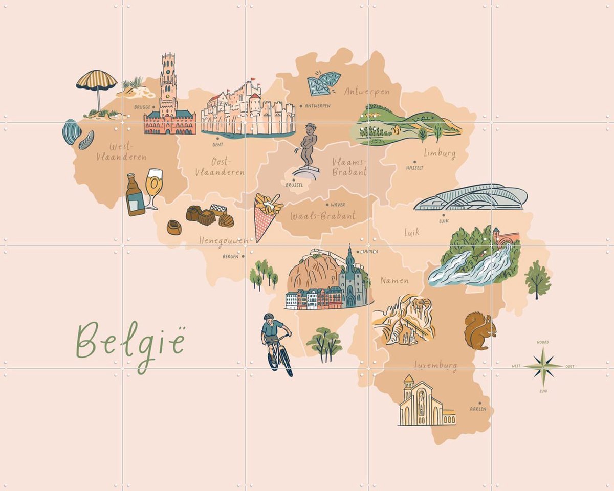 IXXI België Geïllustreerd, Revista Ontwerp & Kunst in Kaart - 100 x 80 cm - Gratis ophangtool - Grote wanddecoratie en posters - Illustraties