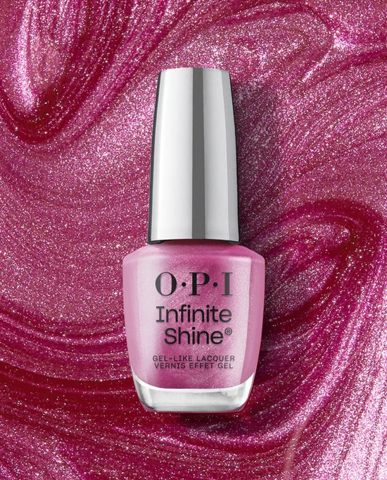 OPI Infinite Shine nagellakflesje in roze metallic, omgeven door glinsterende roze textuur.