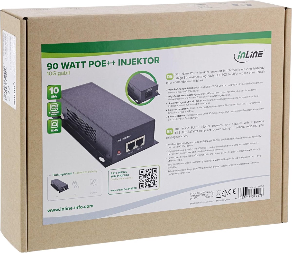 Netwerk Injector - PoE++ Voeding - Apparaten Voeden - Tot 90W Vermogen - 187x95x40mm - Zwart