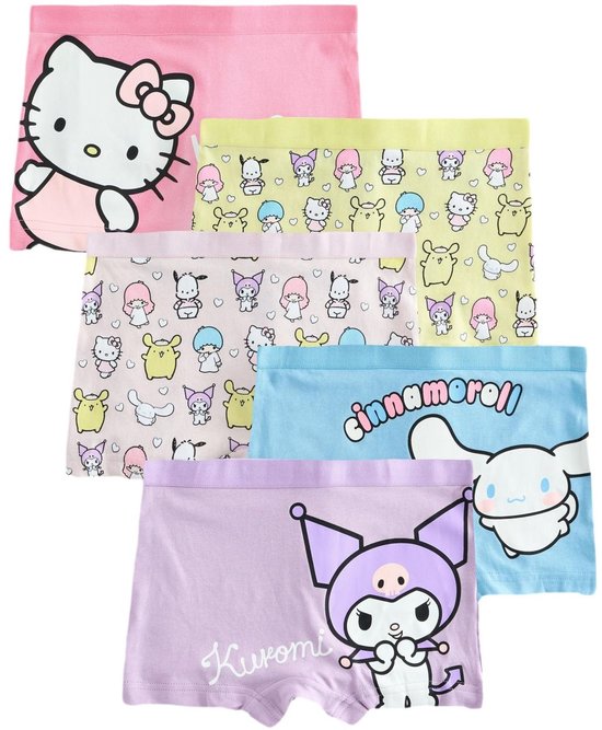 Verpakking van 5 shorts met prints van Hello Kitty, Kuromi, Cinnamoroll en andere Sanrio-personages.