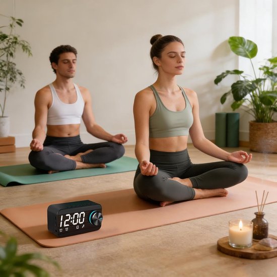 Zwarte digitale wekker met spiegeldisplay, naast twee personen die yoga beoefenen.