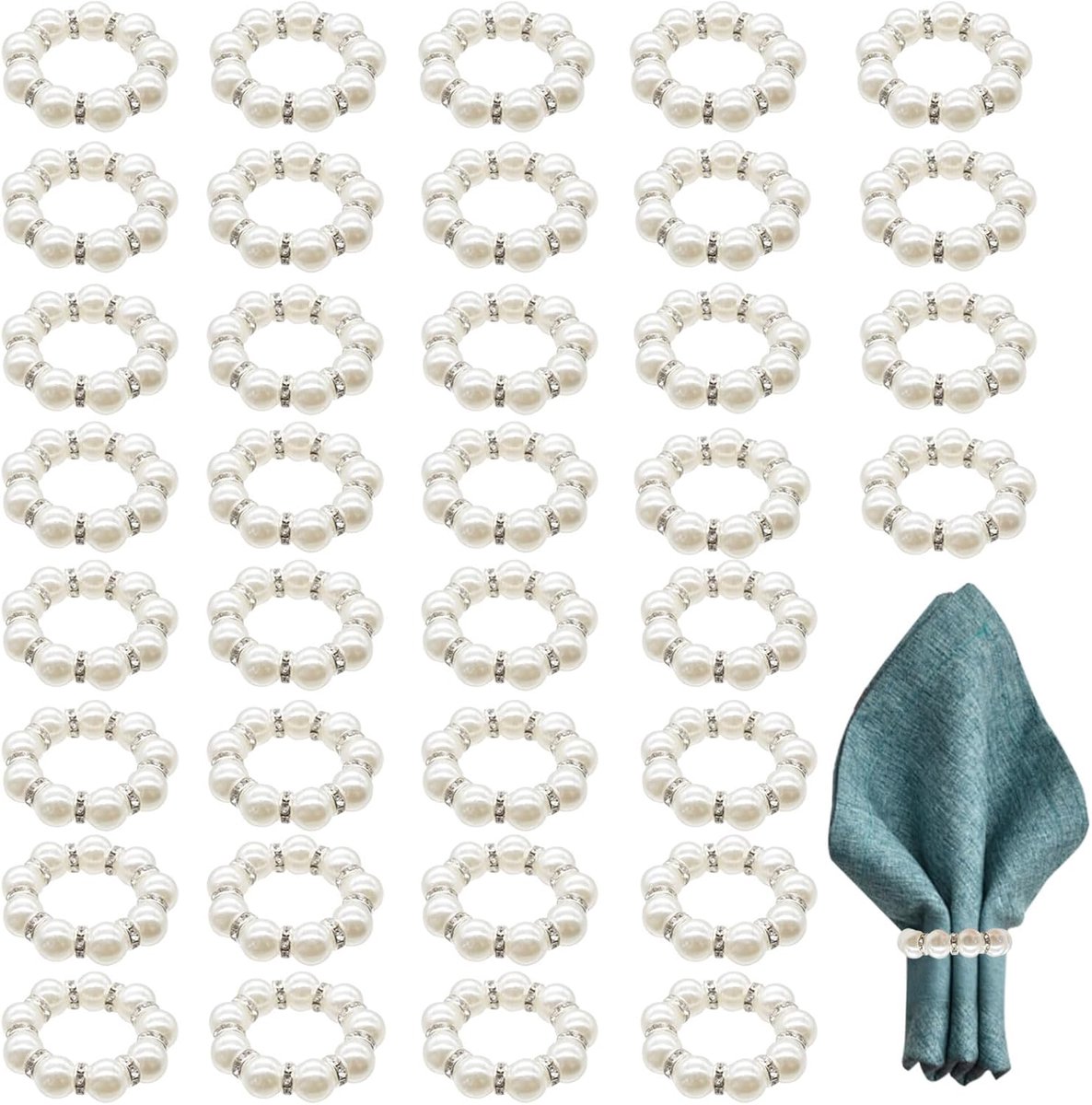 Servetringen Set - Parels Strass - Tafeldecoratie Diner - 36 Stuks - 4x1 cm - Wit Zilver