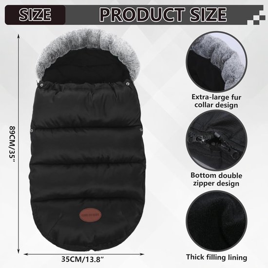 Voetenzak Kinderwagen - Baby Winterzak - Warmte Buiten - Waterafstotend Oxford - 90x35 cm - Zwart — afbeelding 3