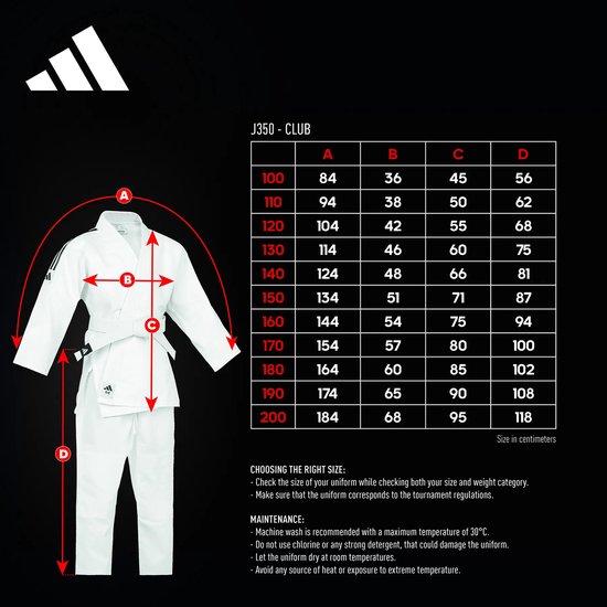 Tableau des tailles pour un kimono de judo Adidas blanc avec rayures dorées. Dessin schématique avec dimensions.
