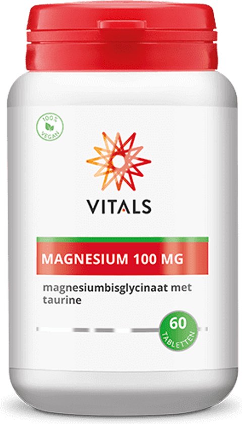 Pot Vitals Magnesium 100 MG met Taurine, 120 tabletten. Wit met rood deksel.