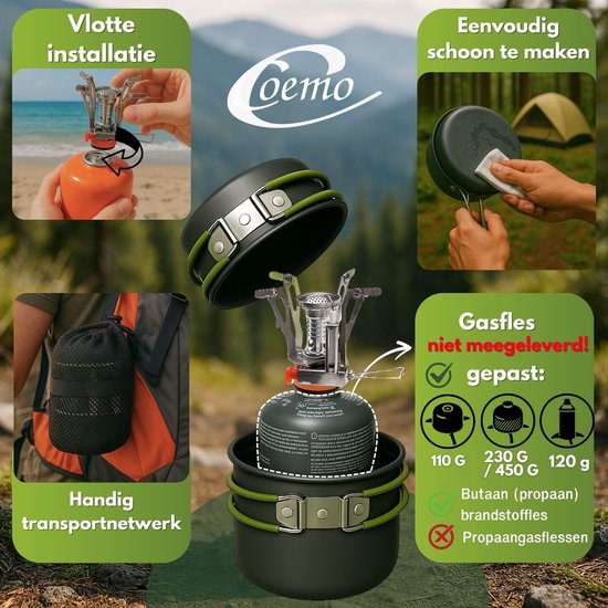 Coemo 7-delige outdoor kookset, groen, campingfornuis, pannenset met rugzakfornuis, roestvrijstalen beker, mes, vork en lepel voor backpacken, kamperen, wandelen en picknicken. — afbeelding 3