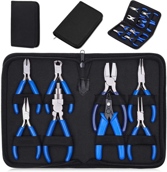 Un ensemble de 8 pinces à bijoux à poignées bleues, rangées proprement dans une pochette noire zippée.
