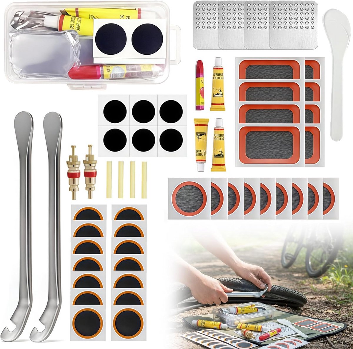 Draagbare Fietsbanden Reparatieset met Metalen Bandenlichters en Zelfklevende Patches