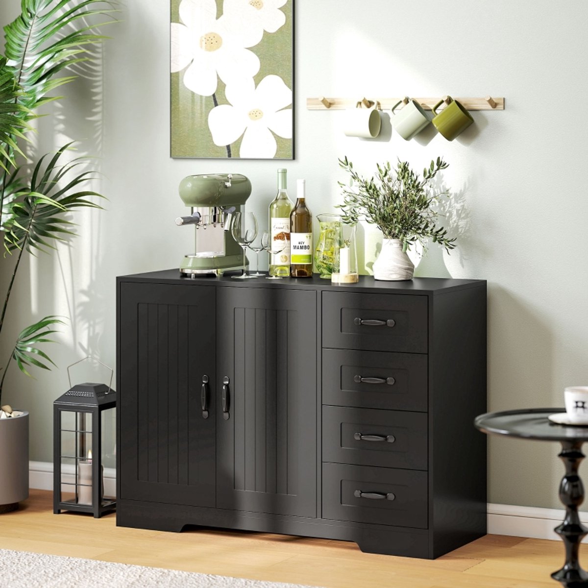 MODFU - Dressoir Met 4 Lades En 1 Kast - Verstelbare Plank - Kantelbeveiliging - Hout - Zwart - 105 X 40 X 76 Cm