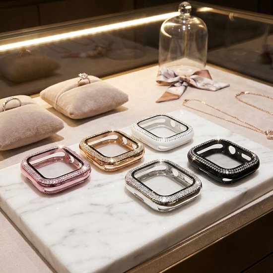 5 stuks Zwart transparant zilverkleurig roze en rosé goudkleurig smartwatch screenprotector met beschermhoes set geschikt voor Apple Watch 44 mm serie SE / 4 / 5 / 6 PC case met dubbele rij strass steentjes