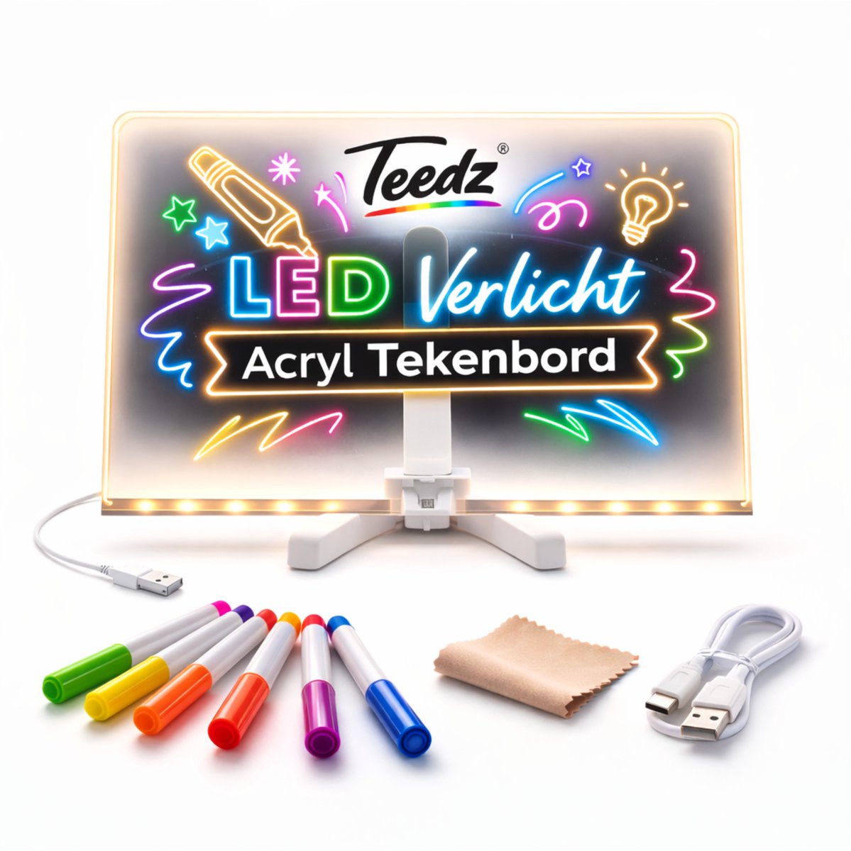 Teedz Acryl LED Tekenbord 30x20 cm – Verlicht Neon Tekeneffect – Inclusief 6 Markers, USB-kabel en Standaard – Herbruikbaar Lichtbord voor Kinderen & Kantoor