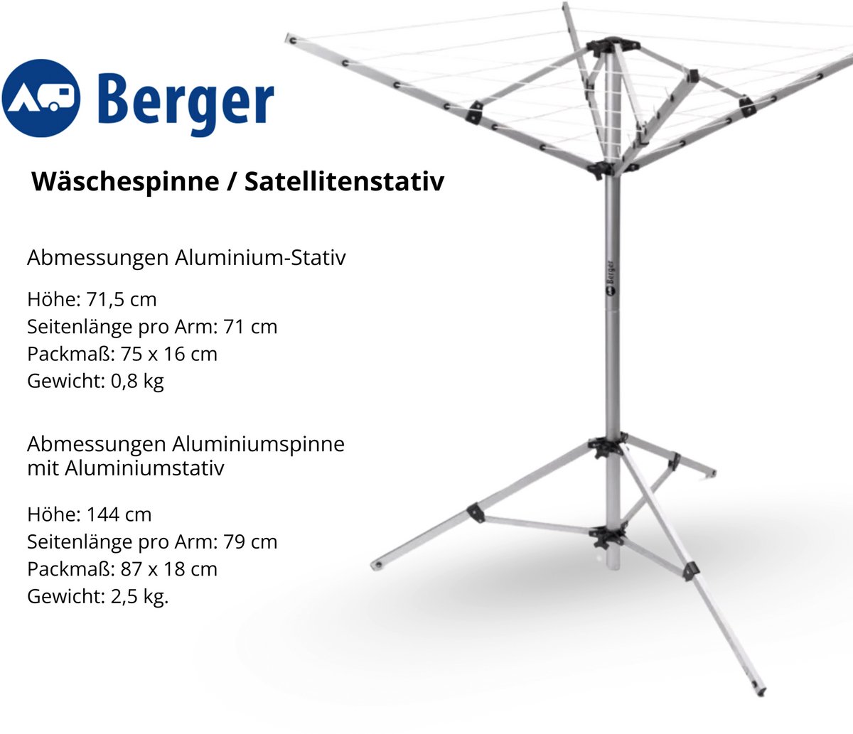 BERGER Super Pop-Up Droogmolen | Wasrek Inklapbaar | Staand Droogrek Wasgoed Kleding | Compact Camping Wasmolen Wasdroger | Weerbestendig | Incl. Driepootstatief